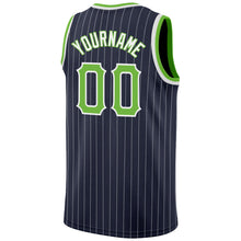 Load image into Gallery viewer, Custom Navy White Pinstripe Neon Green-White Authentic Basketball Jersey