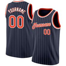 Load image into Gallery viewer, Custom Navy White Pinstripe Orange-White Authentic Basketball Jersey