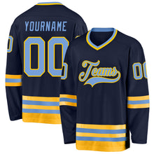 Load image into Gallery viewer, Custom Navy Light Blue-Gold Hockey Jersey