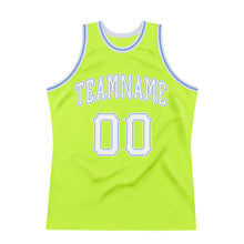 Load image into Gallery viewer, Custom Neon Green White-Light Blue Authentic Throwback Basketball Jersey
