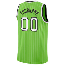 Load image into Gallery viewer, Custom Neon Green White Pinstripe White-Black Authentic Basketball Jersey