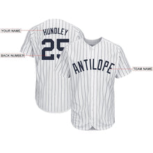 Load image into Gallery viewer, Custom White Navy Pinstripe Navy Baseball Jersey