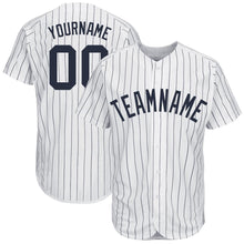 Load image into Gallery viewer, Custom White Navy Pinstripe Navy Baseball Jersey