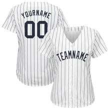 Load image into Gallery viewer, Custom White Navy Pinstripe Navy Baseball Jersey