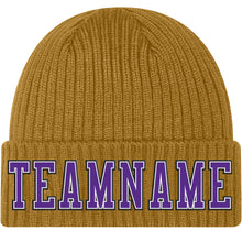 Load image into Gallery viewer, Custom Old Gold Purple-Black Stitched Cuffed Knit Hat
