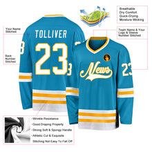 Load image into Gallery viewer, Custom Panther Blue White-Gold Hockey Jersey