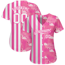 Load image into Gallery viewer, Custom Pink White 3D Pattern Design Tropical Palm Leaves And Famingo Authentic Baseball Jersey