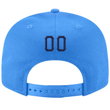 Load image into Gallery viewer, Custom Powder Blue Navy-White Stitched Adjustable Snapback Hat