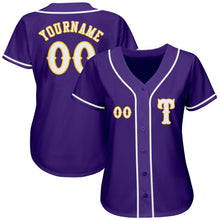 Load image into Gallery viewer, Custom Purple White-Gold Authentic Baseball Jersey