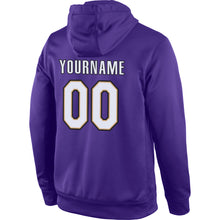 Load image into Gallery viewer, Custom Stitched Purple White-Old Gold Sports Pullover Sweatshirt Hoodie
