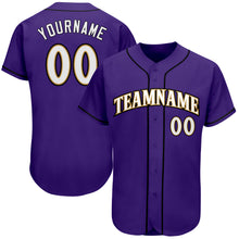 Load image into Gallery viewer, Custom Purple White-Old Gold Authentic Baseball Jersey