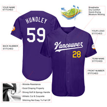 Load image into Gallery viewer, Custom Purple White-Gold Authentic Baseball Jersey