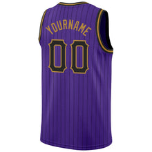 Load image into Gallery viewer, Custom Purple Black Pinstripe Black-Old Gold Authentic Basketball Jersey