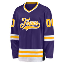 Load image into Gallery viewer, Custom Purple Gold-White Hockey Jersey