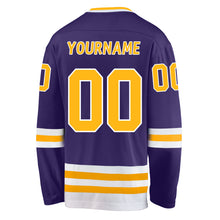 Load image into Gallery viewer, Custom Purple Gold-White Hockey Jersey