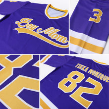 Load image into Gallery viewer, Custom Purple Gold-White Hockey Jersey