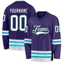 Load image into Gallery viewer, Custom Purple White-Teal Hockey Jersey