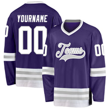 Load image into Gallery viewer, Custom Purple White-Gray Hockey Jersey