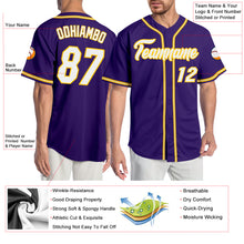 Load image into Gallery viewer, Custom Purple White-Gold Authentic Baseball Jersey