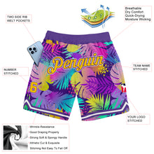 Load image into Gallery viewer, Custom Purple Gold-White 3D Pattern Design Tropical Palm Leaves Authentic Basketball Shorts