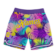 Load image into Gallery viewer, Custom Purple Gold-White 3D Pattern Design Tropical Palm Leaves Authentic Basketball Shorts