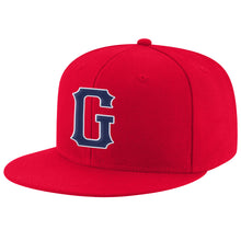 Load image into Gallery viewer, Custom Red Navy-White Stitched Adjustable Snapback Hat