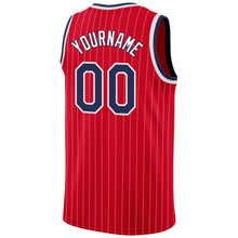 Load image into Gallery viewer, Custom Red White Pinstripe Navy-White Authentic Basketball Jersey