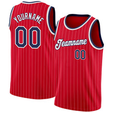 Load image into Gallery viewer, Custom Red White Pinstripe Navy-White Authentic Basketball Jersey