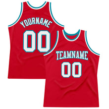 Load image into Gallery viewer, Custom Red White-Teal Authentic Throwback Basketball Jersey