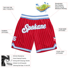 Load image into Gallery viewer, Custom Red White Pinstripe White-Light Blue Authentic Basketball Shorts