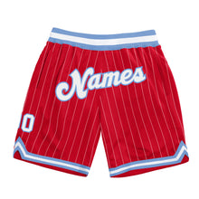 Load image into Gallery viewer, Custom Red White Pinstripe White-Light Blue Authentic Basketball Shorts