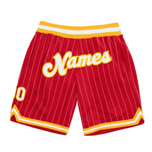 Load image into Gallery viewer, Custom Red White Pinstripe White-Gold Authentic Basketball Shorts