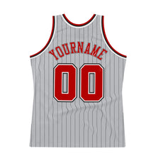 Load image into Gallery viewer, Custom Gray Black Pinstripe Red-White Authentic Basketball Jersey