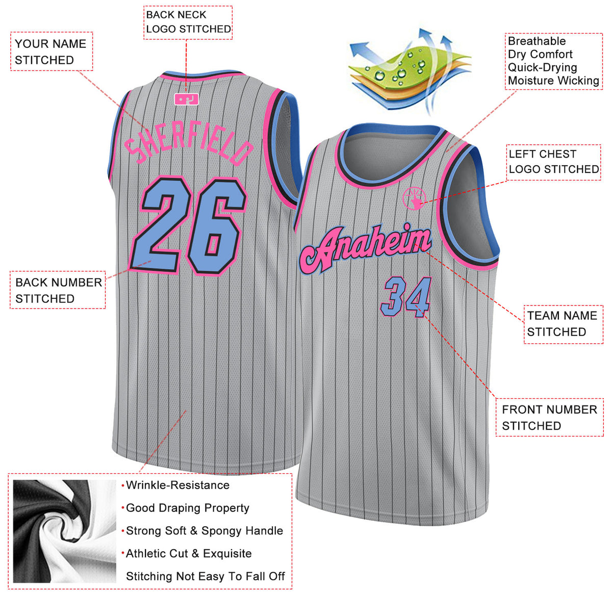 Custom Gray Black Pinstripe Light Blue-Pink Authentic Basketball Jersey  Fast Shipping – FiitgCustom