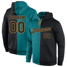 Load image into Gallery viewer, Custom Stitched Aqua Black-Old Gold Split Fashion Sports Pullover Sweatshirt Hoodie
