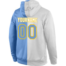 Load image into Gallery viewer, Custom Stitched White Light Blue-Gold Split Fashion Sports Pullover Sweatshirt Hoodie