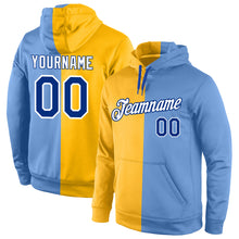 Load image into Gallery viewer, Custom Stitched Gold Royal-Light Blue Split Fashion Sports Pullover Sweatshirt Hoodie