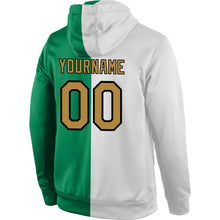 Load image into Gallery viewer, Custom Stitched White Old Gold-Kelly Green Split Fashion Sports Pullover Sweatshirt Hoodie