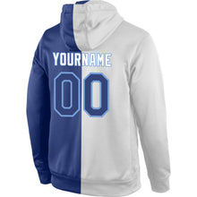 Load image into Gallery viewer, Custom Stitched White Royal-Light Blue Split Fashion Sports Pullover Sweatshirt Hoodie