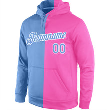 Load image into Gallery viewer, Custom Stitched Pink Light Blue-White Split Fashion Sports Pullover Sweatshirt Hoodie