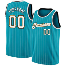 Load image into Gallery viewer, Custom Teal White Pinstripe White-Old Gold Authentic Basketball Jersey