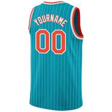 Load image into Gallery viewer, Custom Teal White Pinstripe Orange-White Authentic Basketball Jersey