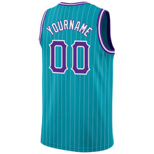 Load image into Gallery viewer, Custom Teal White Pinstripe Purple-White Authentic Basketball Jersey