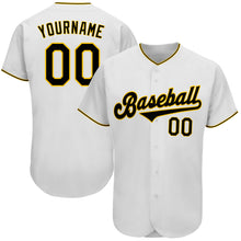 Load image into Gallery viewer, Custom White Black-Gold Authentic Baseball Jersey