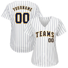Load image into Gallery viewer, Custom White Navy Pinstripe Navy-Gold Authentic Baseball Jersey