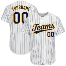 Load image into Gallery viewer, Custom White Navy Pinstripe Navy-Gold Authentic Baseball Jersey