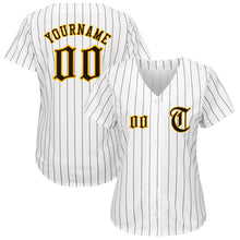 Load image into Gallery viewer, Custom White Brown Pinstripe Brown-Gold Authentic Baseball Jersey