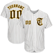 Load image into Gallery viewer, Custom White Brown Pinstripe Brown-Gold Authentic Baseball Jersey
