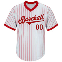 Load image into Gallery viewer, Custom White Red Pinstripe Red-White Authentic Throwback Rib-Knit Baseball Jersey Shirt