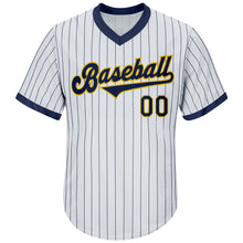 Load image into Gallery viewer, Custom White Navy Pinstripe Navy-Gold Authentic Throwback Rib-Knit Baseball Jersey Shirt